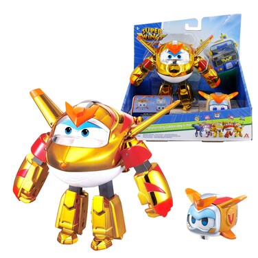 Super Wings 5" Transforming 2-Pack Supercharged Golden Boy &amp; Super Pet with Light Effect, Season 7 Airplane to Robot Transformer Toys, Preschool Birthday Gifts for Kids 3+