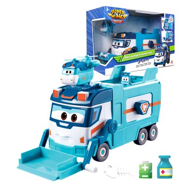 Super Wings Shine Season 7 New Marc's Garbage &amp; Cleaning Truck, Large Garbage Truck Toys for Boys, with Trash Can Lifter and Dumping Function, Green Blue Toys for Toddlers Age 3 and Up