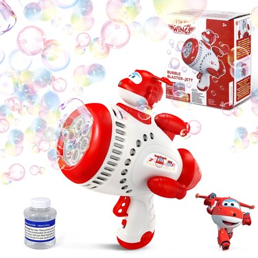 Super Wings Bubble Gun Blaster with Bubble Refill Solution for Kids, Bubble Machine with Jett Figure for Toddlers, Bubble Blaster for Wedding Birthday Party, Bubble Maker for Summer Outdoor Backyard