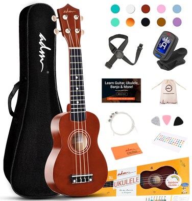 ADM Ukulele for Beginners Hawaiian Wood Ukelele Kit for Kids Adult Student Starter Professional Ukalelee Pack Bundle with Free Lessons Gig Bag Strap Nylon String Tuner (Brown, 21 Inch)