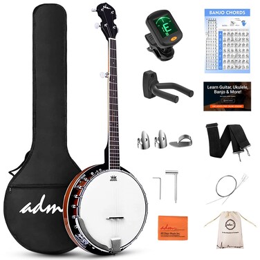ADM Banjo 5 String Full Size Banjoes Set, 38 Inch Beginner Banjo Kit with Resonator, Remo Drum Head, Open or Closed Back, Gift Package Free Lessons Starter Accessories for Adults Teenager, Brown