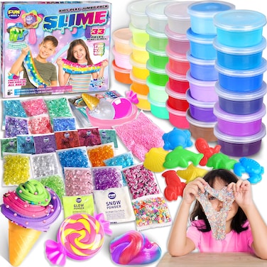 33 Cups Jumbo Slime Kit for Kids, FunKidz Premade Ultimate Slime Pack to DIY Soft, Cloud, Clear, Butter, Glitter, Glow in Dark Slime Making Kits Super Slime Party Favors Gift Toys for Girls and Boys