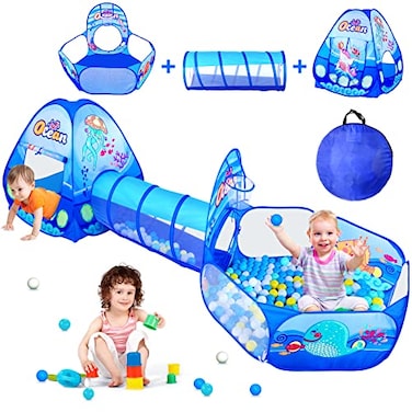 PigPigPen 3 in 1 Kids Play Tent with Tunnel, Ball Pit, Basketball Hoop for Boys &amp; Girls, Toddler Pop Up Playhouse Toy Baby Indoor/Outdoor, Gift Year Old Child (3 Tent)