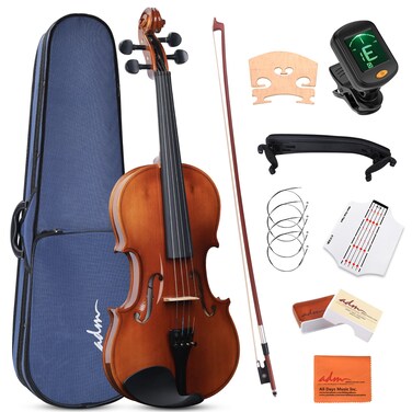 ADM 4/4 Full Size Wood Violin Set for Kids Teens Students Adults Beginner Acoustic Violin Glossy Fiddle Starter Kit with Hard Case, Rosin, Shoulder Rest, Bow, Clip-on Tuner and Fingerboard Sticker