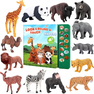Tudoccy Safari Animals Figures Toys - 13 Realistic Wild Plastic Animal Figurines &amp; Kids Sound Book - Educational Learning Toys Gift for 3 Years Old &amp; Up Boys Girls Toddlers