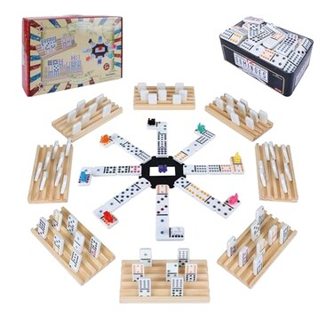 Gonoelec Double 12 Mexican Train Dominoes Set for Adults with 8pcs Wooden Trays, 9 Train Markers, 91 Color Dot Tile Dominos in Tin Box &amp; Hub - Classic Family Board Game Set Party Toy Gift for Kids
