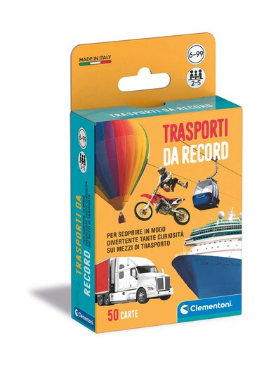 Clementoni - Record Transport, Deck of 50 Cards to Discover Curiosities on All Vehicles, for Children 6+ Years and The Whole Family, 2-5 Players, Gift Idea Made in Italy, Italian Language, 16772
