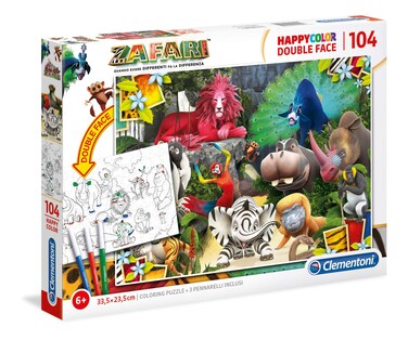 Clementoni 25701 Supercolor Zafari-Double Face with Marker Pens-104 Pieces-Made in Italy-Coloring Puzzle
