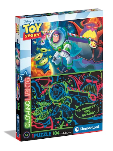 Clementoni 27549 Lights Collection- Disney Toy Story, Glow in The dark-104 Pieces-Jigsaw Kids Age 6-Made in Italy, Cartoon Puzzles, Multicoloured