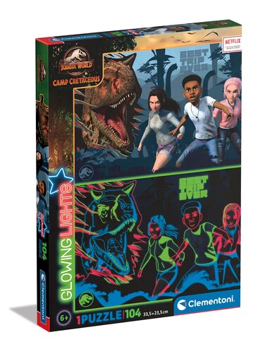 Clementoni - 27557 - Glowing Lights Collection - Jurassic World Camp Cretaceous, Puzzle Glow in The Dark - 104 Pieces - Jigsaw Puzzles for Kids Age 6, Netflix Series Puzzle - Made in Italy