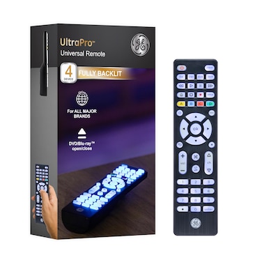 GE Blue Backlit Buttons Universal Remote Control, Samsung TV Remote Control Replacement, Samsung Remote Control for Smart TV, Roku Remote Replacement, Vizio, LG TV, Sony, 4-Device, Brushed Black 48843