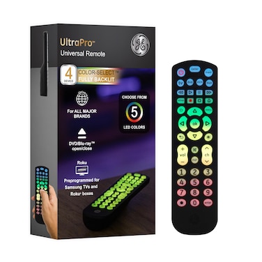 GE Color Select Backlit Buttons Universal Remote Control, Samsung TV Remote Control Replacement, Samsung Remote Control for Smart TV, Roku Remote Replacement, Vizio, LG TV, Sony, 4-Device, Black 44220