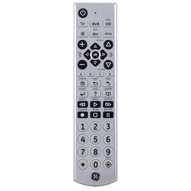 GE 4 Device Universal Remote for Samsung, Vizio, LG, Sony, Sharp, Roku, Apple TV, RCA, Panasonic, Smart TVs, Streaming Players, Blu Ray, DVD, Simple Setup, 6 Device, Big Button, Backlit, Silver, 34931