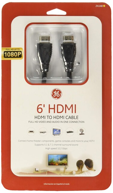 GE 6' High Speed HD 3D 4k 1080p HDMI Cable, Black