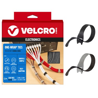 VELCRO Brand 150pk Cable Ties Value Pack   Replace Zip Ties with Reusable Straps, Reduce Waste   For Wire Management and Cord Organizer   8 x 1/2" Thin Pre-Cut Design, Black and Gray