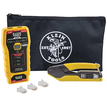 Klein Tools VDV026-813 RJ45 Ethernet Cable Tester and Crimper Kit, Pass-Thru Technology, Includes Connectors for Cat5e / CAT6 Data Applications, Pack of 50