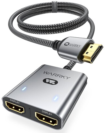 Warrky HDMI Splitter 4K, 1x2 HDMI Display Duplicate/Mirror (Not Extend Different Display), HDMI Splitter 1 in 2 Out [Metal Shell, 3.3 Ft Braided HDMI Cable], USB-C Powered Splitter, Grey-4K UHD