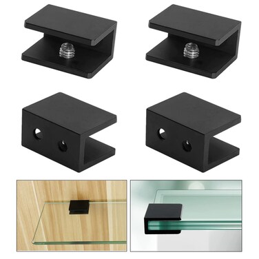 KAFENDA 4Pcs Square Adjustable Frameless Glass Shelf Bracket Holder, Black Heavy Duty Glass Clamp Clip Support with Screws for Wall Mounted 0.32"(8mm)-0.39"(10mm)