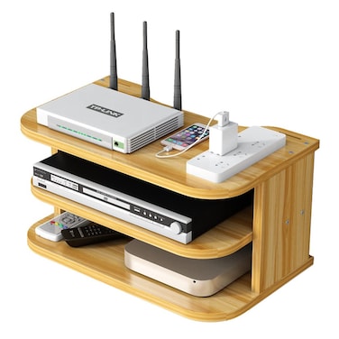 WANLIAN Floating TV Stand 13.03 Inch, 3 Tier Wall Mounted Wireless Router Stand, Double Sided Use, Hidden Cable, Great For DVD Players, TV Boxes, Remote Controls, Wireless WiFi (jl04Cherry wood color)