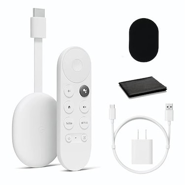 Google Chromecast - Streaming Device with HDMI Cable and Voice Search Remote - Stream Shows, Music, Photos, Sports from Phone to TV - Includes Cleaning Cloth and Silicone Pouch - HD Version - Snow