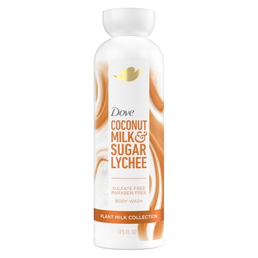 Dove Plant Milk Cleansing Body Wash Coconut &amp; Lychee for Moisturized Skin Gentle Cleanser, No Sulfate Cleansers or Parabens, 98% Biodegradable 17.5 fl oz