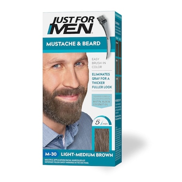 Just For Men Mustache &amp; Beard, Beard Dye for Men with Brush Included for Easy Application, With Biotin Aloe and Coconut Oil for Healthy Facial Hair - Light-Medium Brown, M-30, Pack of 1