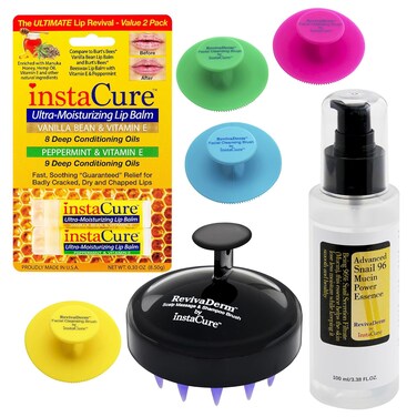 Snail Mucin 96% Power Facial Skin Repair Essence Hydrating Serum with Snail Secretion Filtrate, 4xSilicone Face Brushes, Scalp Massager Scrubber Hair Growth Shampoo Brush &amp; 2 Lip Balms