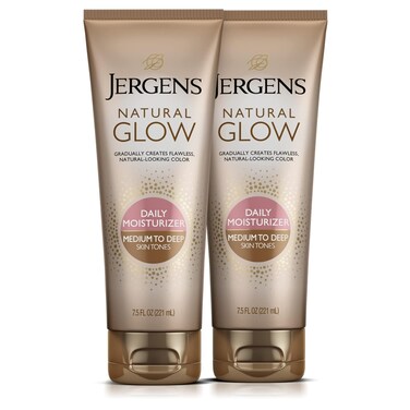 Jergens Natural Glow Self Tanner Body Lotion, Daily Sunless Tanning, Medium to Deep Skin Tone, Daily Moisturizer with Coconut Oil, Vitamin E and Antioxidants, 7.5 Oz, Pack of 2