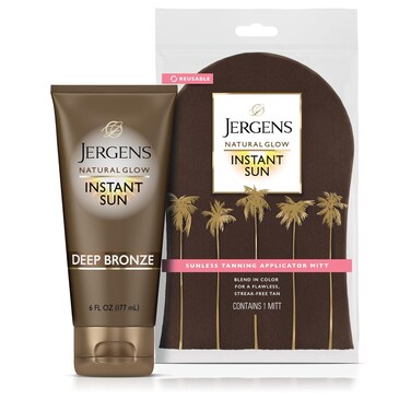 Jergens Natural Glow Instant Sun Bundle: Deep Bronze Sunless Tanning Moisturizer + Bronzing Lotion, 6oz Bottle and Applicator Mitt