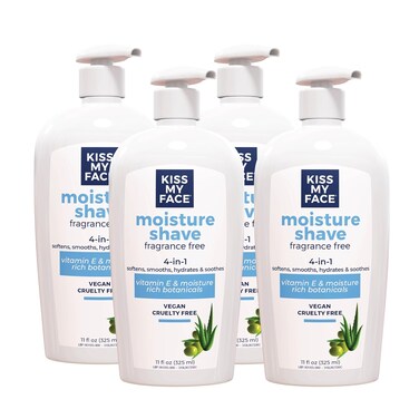 Kiss My Face Moisture Shave Cream, Fragrance Free Shaving Cream for Men and Women, 11 oz Pump Bottle, 4 Pack (Packaging May Vary)