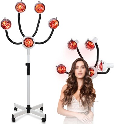 750W 5 Head Infrared Standing Salon Hair Dryer with Adjustable Height Ideal for Perming Dyeing All Hair Styling Needs, Complete with Chrome Arms and Metal Lampshade