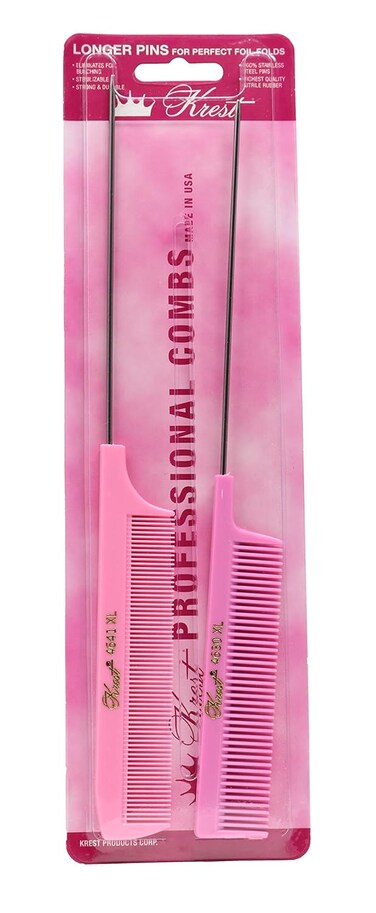 Krest Pintail Combs Weaving Foiling Fine Tooth Rattail Hair Cutting Comb Colors 2 Pc. (Pink)