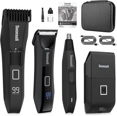 Beard Trimmer+Groin &amp; Body Hair Trimmer+foil Shaver+Nose &amp; Ear Hair Trimmer 4 IN1 Men's Grooming Kit,Manscape Ball Trimmer for Men,with Travel Lock,Shed Toiletry Bag，LED Display