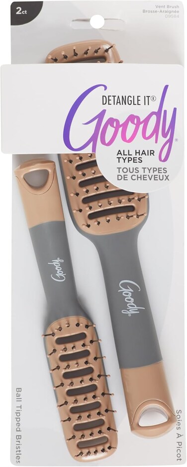 Goody Detangle It Vented Hair Brush, Quick Drying Detangler Brush with Flexible Bristle, Use as a Detangling Brush or Styling Brush to Tackle Tangles, Knots &amp; Frizz, All Hair Types, Brown/Grey - 2 Ct