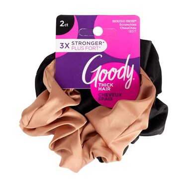 Goody Ouchless Forever Satin Scrunchies - 2 Ct, Brown &amp; Black, 3X Stronger Damage-Free Hold Hair Scrunchies, 16 Strand Inner Core, Hair Accessories for Women &amp; Men, For Medium-Thick Hair