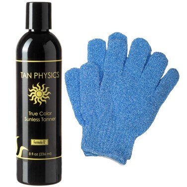 Tan Physics Sunless Tanner 8oz with Exfoliation Gloves &ndash; Self Tanning Lotion &ndash; Instant Tanning Lotion for Face &amp; Body &ndash; Natural Self Tanner for a Streak-Free, Long-Lasting Glow