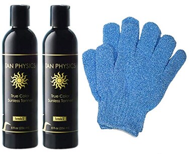 Tan Physics Sunless Tanner 8oz (Pack of 2) with Exfoliation Gloves &ndash; Self Tanning Lotion &ndash; Instant Tanning Lotion for Face &amp; Body &ndash; Natural Self Tanner for a Streak-Free,Long-Lasting Glow