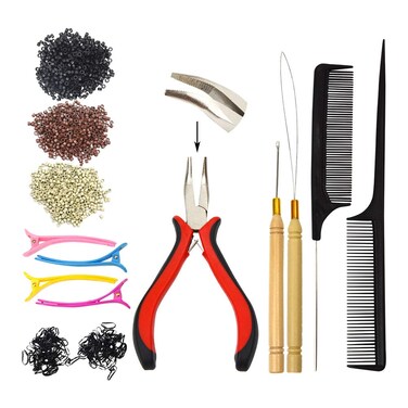 Hair Extensions Tools Kit : 1500 Pcs Silicone Micro Lined Beads (Black,Brown,Blonde), Loop Needle Threader, Pulling Hook Needle, Hair Extension Pliers, Clips, 2 Combs and 2 Packs of Black Rubber Bands