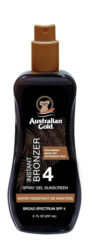 Australian Gold Spray Gel Sunscreen with Instant Bronzer SPF - 4, 8 Ounce   Moisturize &amp; Hydrate Skin   Broad Spectrum   Water Resistant   Non-Greasy   Oxybenzone Free   Cruelty Free