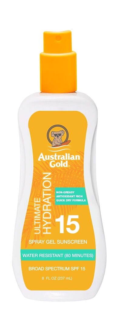 Australian Gold Spray Gel Sunscreen, Hydrate Skin, Broad Spectrum, Water Resistant, Non-Greasy, Oxybenzone Free, Cruelty Free, SPF 15, Moisturize-Max New Coconut, 8 Fl Oz (A70889)