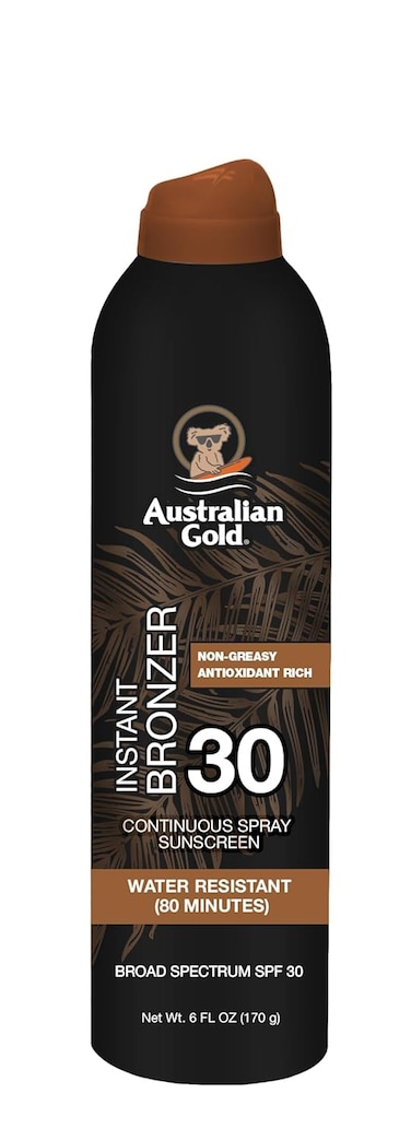 Australian Gold Continuous Spray Sunscreen with Instant Bronzer SPF 30, Immediate Glow &amp; Dries Fast Water Resistant NonGreasy Oxybenzone Free Cruelty Free, Bronzer New, Orange, 6 Oz