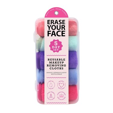 ERASE YOUR FACE Makeup Remover Cloths - Reusable Microfiber Face Towels to Cleanse &amp; Remove Makeup - Water Activated, Dual-Sided Design for Easy Use - Includes Travel Case (5 Count)