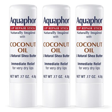 Aquaphor Naturally Inspired Lip Repair Stick with Coconut Oil and Natural Shea Butter, Hydrating Lip Balm Stick Immediately Relieves Dryness and Soothes Chapped Lips, 0.17 Oz Stick, Pack of 3