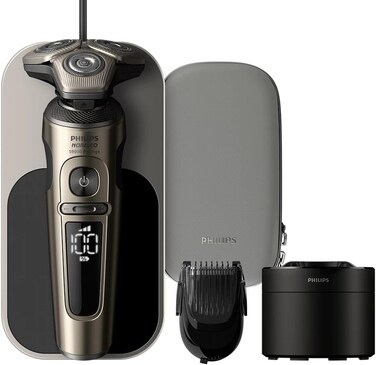 Philips Norelco S9000 Prestige Electric Shaver w/Qi Wireless Charging &amp; Quick Clean Pod for Dry/Wet Use, SenseIQ Tech, Efficient, Fast Charge, One-Touch Open, Premium Case - Champagne Gold