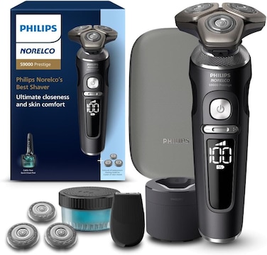 Philips Norelco Shaver Series 9000 Prestige, Wet and Dry Electric Shaver, Lift &amp; Cut Shaving System, SenseIQ Technology, Precision Trimmer, Cleaning Pod, Premium Pouch, Black Matte, Model SP9840/90