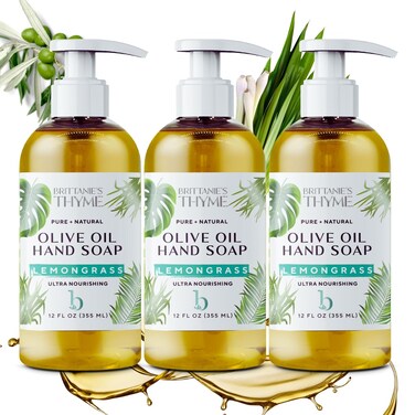 Brittanie's Thyme Organic Natural Hand Soap - 12 oz, Pack of 3 (Lemongrass) Castile Soap Made Olive Oil And Natural Luxurious Essential Oils. Vegan &amp; Gluten Free