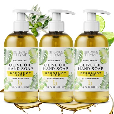 Brittanie's Thyme Natural Castile Olive Oil Hand Soap - 12 oz, Pack of 3 (Bergamot &amp; Lime) - Castile Soap Made Olive Oil, Natural Luxurious Essential Oils &amp; Vitamin E. Vegan &amp; Gluten Free