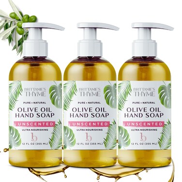 Brittanie's Thyme Organic Natural Hand Soap - 12 oz, Pack of 3 (Unscented) Castile Soap Made Olive Oil And Natural Luxurious Essential Oils. Vegan &amp; Gluten Free