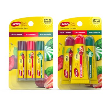 Carmex Daily Care Moisturizing Lip Balm with Sunscreen, Variety Pack in Fresh Cherry, Strawberry and Wintergreen, 0.35 OZ - 3 Count Packs