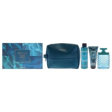 Guess Uomo Acqua for Men - 4 Pc Gift Set 3.4oz EDT Spray, 6oz Deodorizing Body Spray, 3.4oz Shower Gel, Pouch